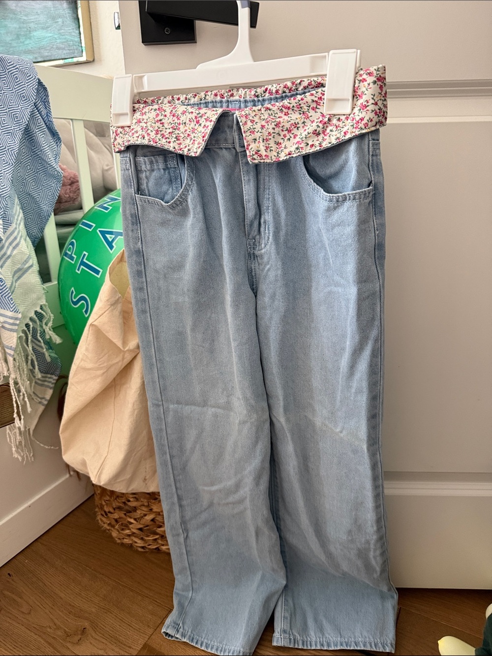 Girls' Light Wash Floral-Trim Wide-Leg Jeans